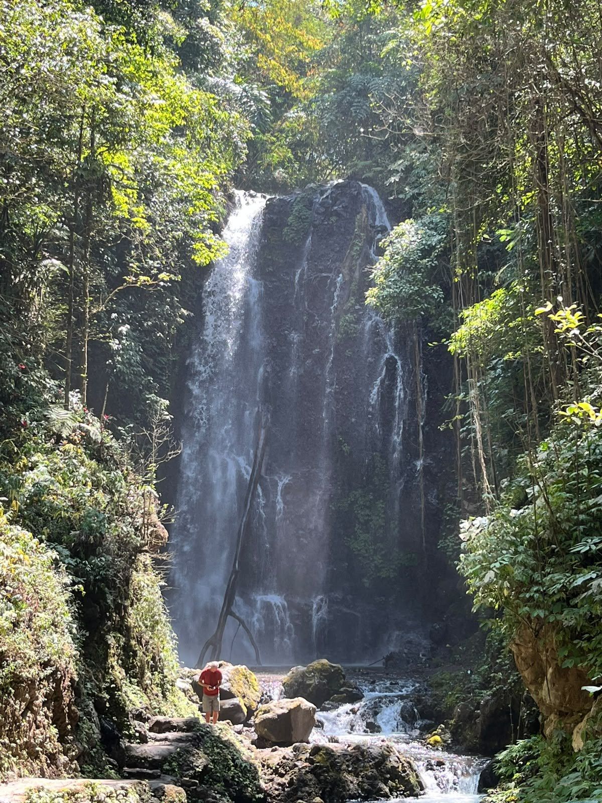 Waterfall and river boulders deep in the valley below Munduk